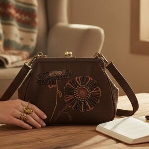 Talbots Vintage Brown Silk Floral Beaded Handbag